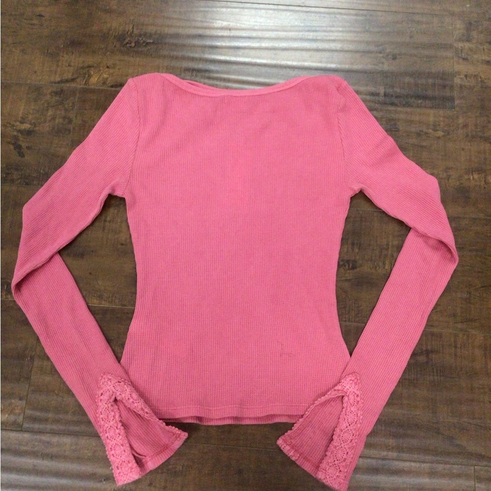Urban Outfitters Long Sleeve Top With Lace Sleeve Details in Rapture Rose